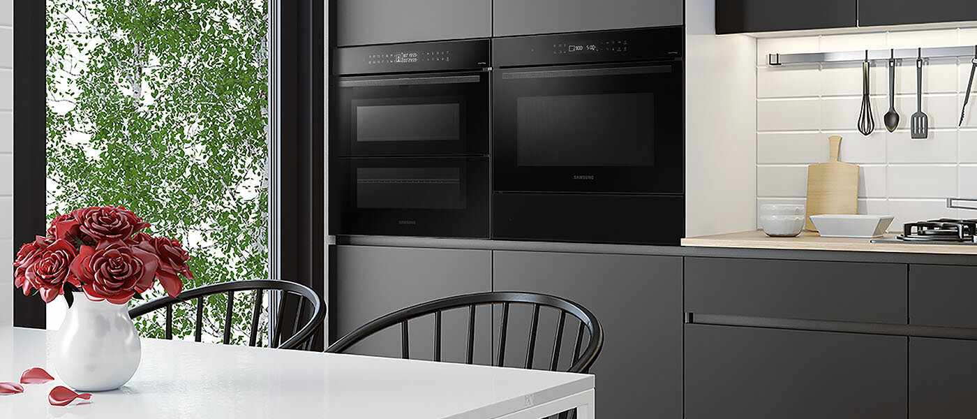 Stylowe i eleganckie pomieszczenie kuchenne, w którym zamontowane zostały dwa uzupełniające się estetycznie urządzenia Samsung Stylowe i eleganckie pomieszczenie kuchenne, w którym zamontowane zostały dwa uzupełniające się estetycznie urządzenia Samsung