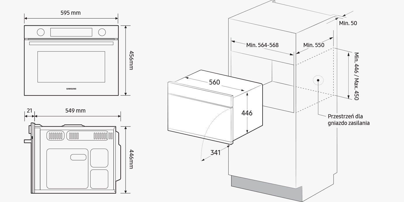 Rysunek techniczny przedstawia szczegółowe wymiary mikrofalówki Samsung NQ5B4513GBS dostępnej w ofercie Media Expert Rysunek techniczny przedstawia szczegółowe wymiary mikrofalówki Samsung NQ5B4513GBS dostępnej w ofercie Media Expert