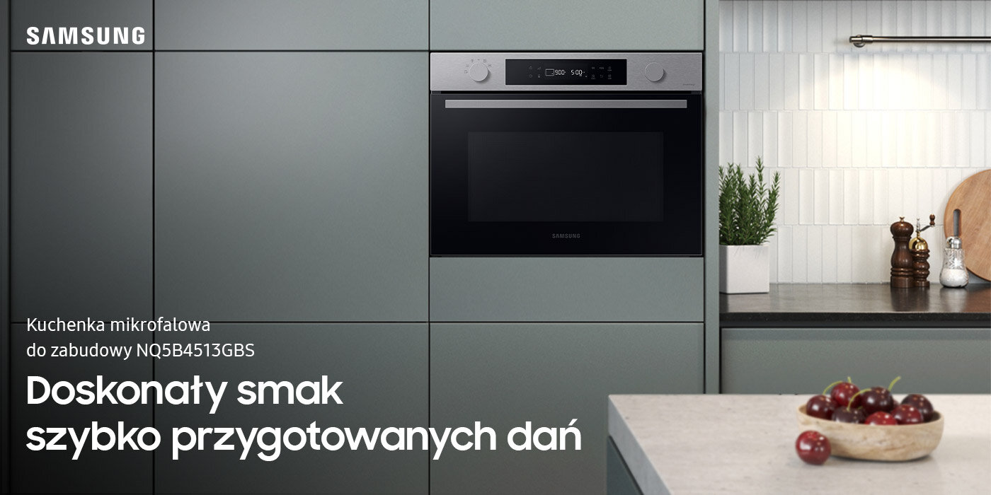 Mikrofalówka do zabudowy Samsung NQ5B4513GBS w kolorze czarnym z oferty sklepów Media Expert została przedstawiona w ciemnej zabudowie meblowej nowocześnie urządzonej kuchni Mikrofalówka do zabudowy Samsung NQ5B4513GBS w kolorze czarnym z oferty sklepów Media Expert została przedstawiona w ciemnej zabudowie meblowej nowocześnie urządzonej kuchni