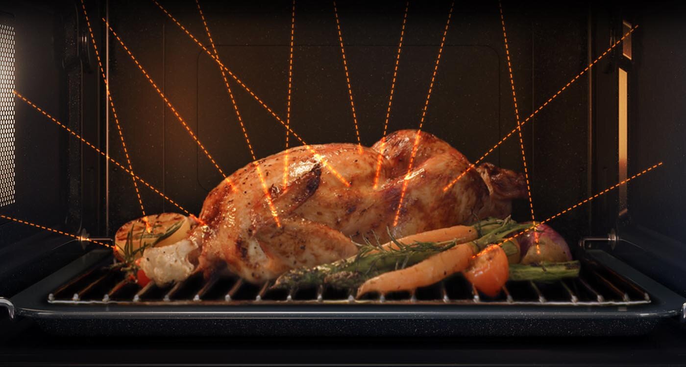 Курица в окружении овощей, достигающая оптимальной температуры внутри микроволновой печи