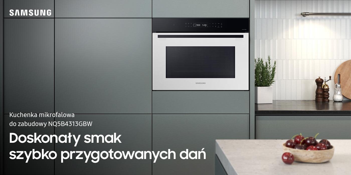 Na ilustracja przedstawiona jest elegancka kuchnia. W pomieszczeniu znajduje się kuchenka mikrofalowa w kolorze alabastrowej bieli. Urządzenie dostępne jest w sklepach Media Expert. Na ilustracja przedstawiona jest elegancka kuchnia. W pomieszczeniu znajduje się kuchenka mikrofalowa w kolorze alabastrowej bieli. Urządzenie dostępne jest w sklepach Media Expert.