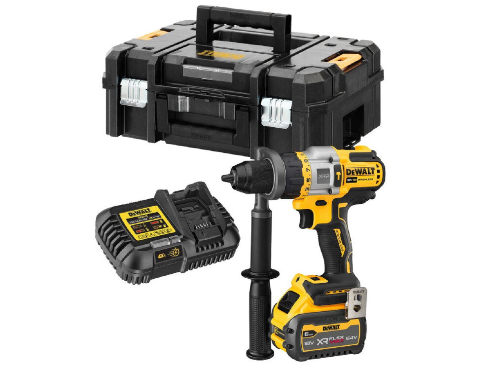 Wiertarko-wkrętarka DEWALT DCD999T1 w zestawie akumulator ładowarka zaczep do paska uchwyt magnetyczny rękojeść boczna walizka instrukcja obsługi w języku polskim karta gwarancyjna