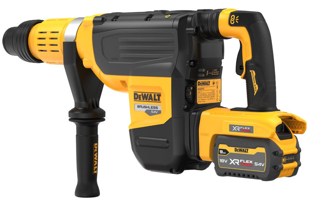 Młotowiertarka DEWALT  DCH775X2 silnik bezszczotkowy akumulator Li-Ion o napięciu 54 V pojemność 9 Ah maksymalna prędkość obrotowa do 290 obr/min brak akumulatora i ładowarki w zestawie