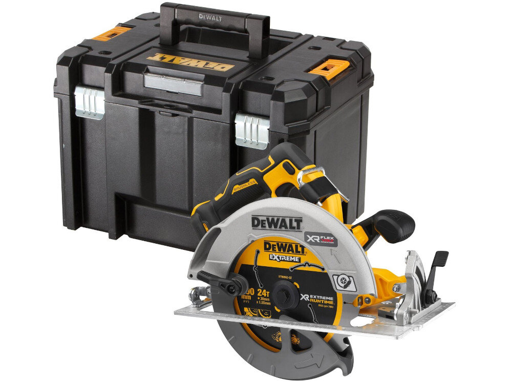 Pilarka tarczowa DEWALT DCS573T1 w zestawie akumulator ładowarka tarcza pilarska z węglikami spieczonymi prowadnica równoległa klucz montażowy końcówka do odsysania pyłu walizka transportowa instrukcja obsługi w języku polskim karta gwarancyjna