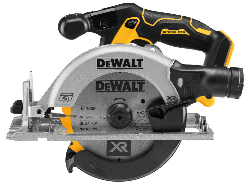 Pilarka tarczowa DEWALT DCS565NT tarcza tnąca średnica 165 mm średnica otworu 20 mm do materiałów drewnopodobnych wszelkich typów drewna niewielka masa waga 2,8 kg stabilna konstrukcja