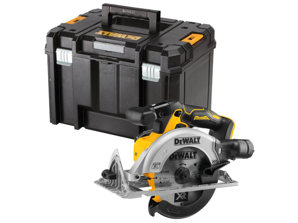 Pilarka tarczowa DEWALT DCS565NT w zestawie tarcza prowadnica równoległa klucz sześciokątny końcówka do odsysania pyłu walizka transportowa instrukcja obsługi w języku polskim karta gwarancyjna