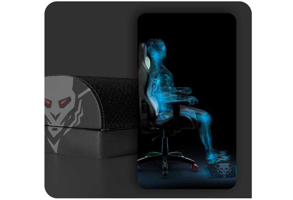 Podnóżek DIABLO CHAIRS Footrest prezentacja podnóżka na szarym tle wizualizacja osoby siedzącej na fotelu i mającej nogi na podnóżku podnóżek gamingowy komfort ergonomia nogi