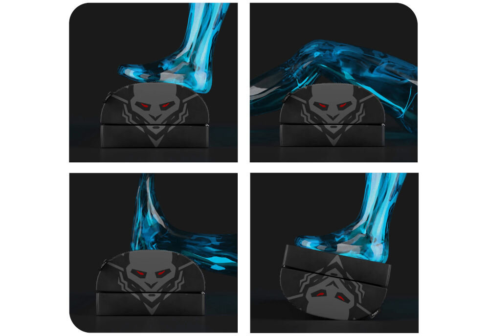 Podnóżek DIABLO CHAIRS Footrest wizualizacja nóg trzymanych w czterech różnych pozycjach na podnóżku ergonomiczny podnóżek gamingowy zdrowie komfort