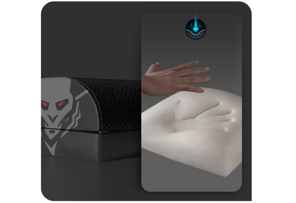 Podnóżek DIABLO CHAIRS Footrest prezentacja podnóżka obok pokazanie jego wnętrza ręka nad pianką Memory Foam na piance ślad dłoni podnóżek pianka Memory Foam ergonomia stabilne podparcie
