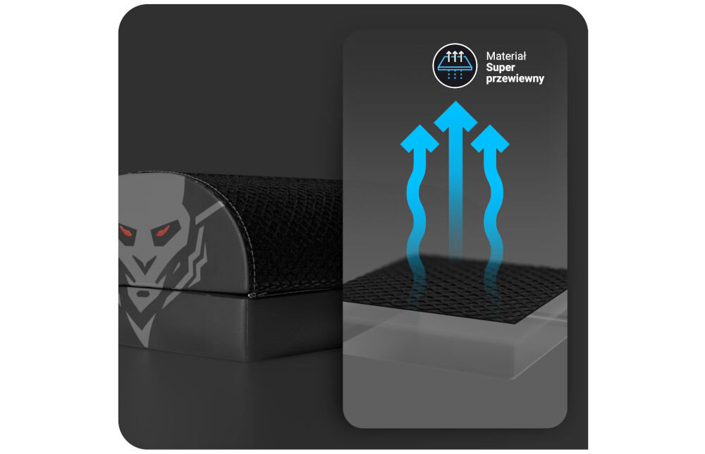 Podnóżek DIABLO CHAIRS Footrest prezentacja podnóżka obok strzałki wizualizujące przewiewność materiału siateczka Diablo Honeycomb trwałość odporna na przetarcia