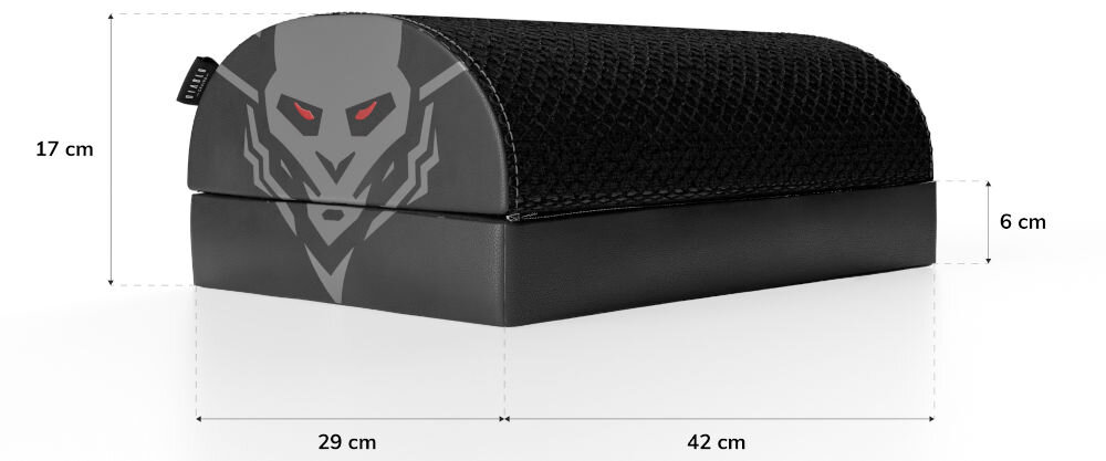 Podnóżek DIABLO CHAIRS Footrest prezentacja podnóżka od przodu pod kątem z wymiarami na białym tle wymiary 42 x 29 x 17 cm lekki przenośny łatwe ustawienie ergonomia