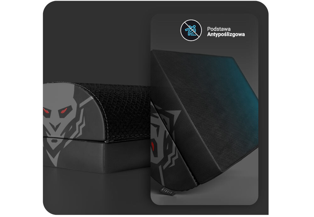 Podnóżek DIABLO CHAIRS Footrest prezentacja podnóżka obok pokazanie antypoślizgowej podstawy wysokiej jakości pianka Memory Foam Diablo Honeycomb antypoślizgowa podstawa stabilność