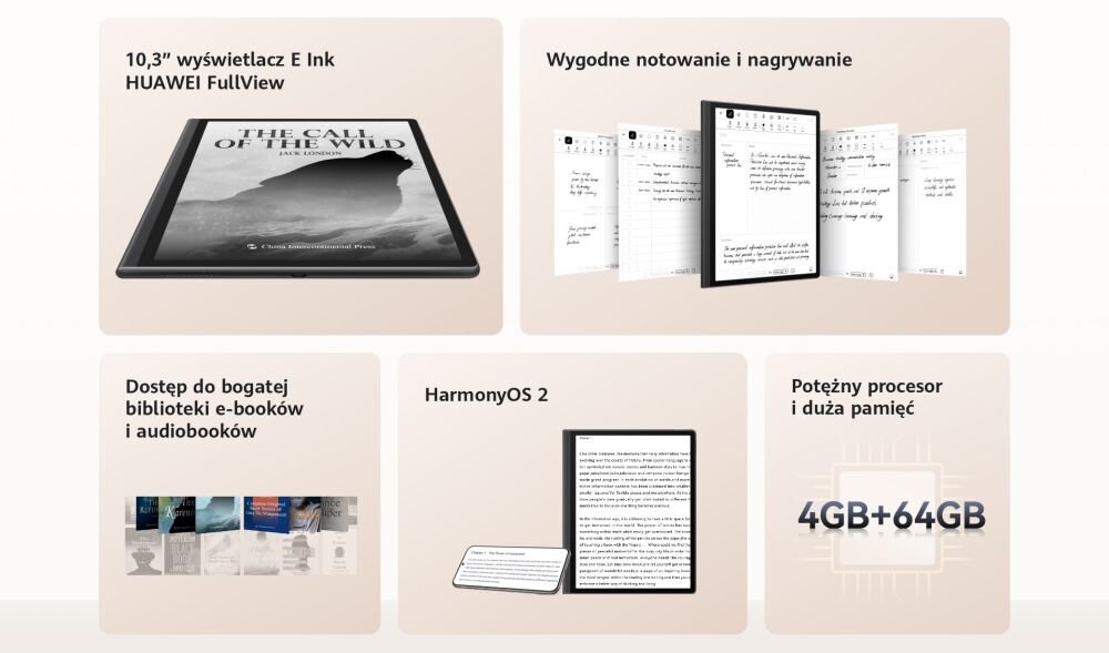 Czytnik E-Booków HUAWEI MatePad Paper ekran bateria aparat procesor ram pamięć pojemność rozdzielczość zdjęcia filmy opis dane cechy blokady system łączność wifi bluetooth obudowa szkło odporność porty muzyka transfer sieć przekątna matryca waga czujniki