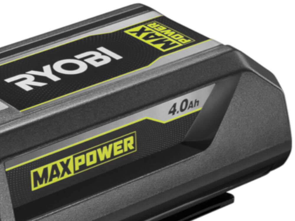 Akumulator RYOBI RY36B40B 4.0Ah 36V, ochrona, przegrzanie, rozładowanie, obudowa, uszkodzenia, Zbliżenie na obudowę ładowarki w części tyłu akumulatora, wszystko na białym tle