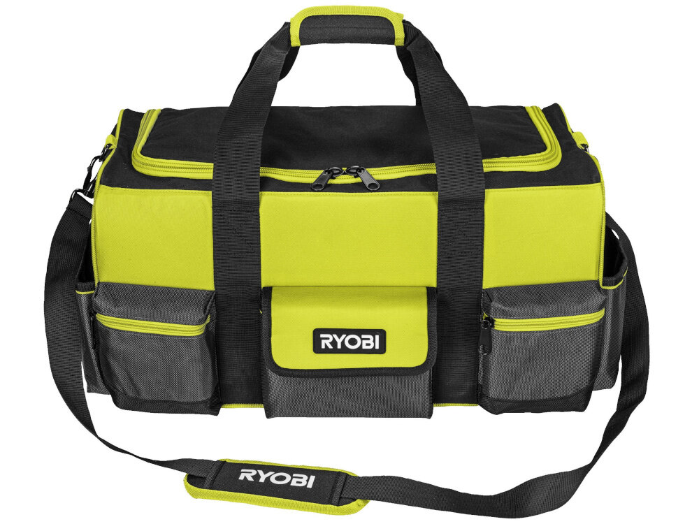 Torba narzędziowa RYOBI RSSLTB1 torba na białym tle widoczna od przodu pojemność 49 litrów wymiary 560 × 300 × 290 mm mieści elektronarzędzia i większe akcesoria waga 2 kg łatwa do przenoszenia