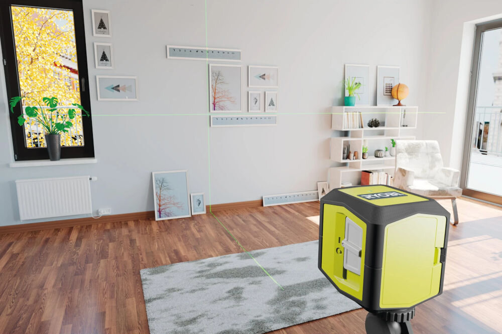 Poziomica laserowa RBCLLG1 RYOBI Green Cross zielona wiązka 15m do montażu półek i szafek
