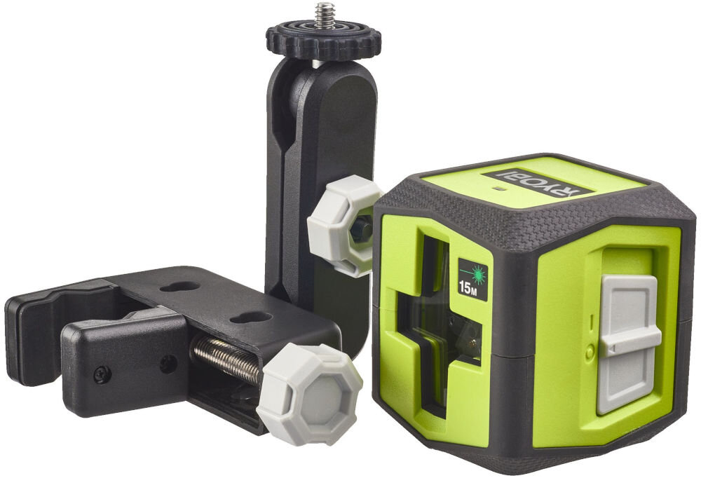 Poziomica laserowa RBCLLG1 RYOBI Green Cross z zaciskiem i bateriami AA w zestawie
