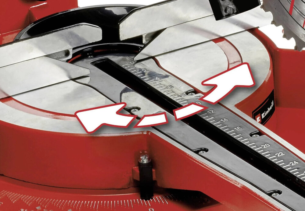 Pilarka ukosowa EINHELL TC-SM 2534-1 Dual stół roboczy obrotowy skala odczytywania szerokości ciętego materiału ogranicznik przedmiotu szynami przestawnymi w lewo i prawo