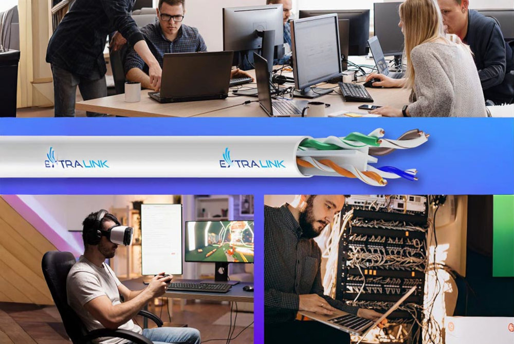 Kabel EXTRALINK Extralink U/UTP Cat. 6 100 m kabel sieciowy zastosowań wewnętrznych lokalnych sieci komputerowych systemów monitoringu CCTV Powłoka PVC termoplastycznych odporność na uszkodzenia 100 metrów - zastosowanie kabla w zewnątrz budynku - komputer, sieć, biuro