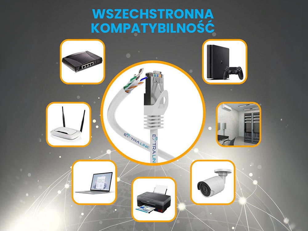 Kabel EXTRALINK Power over Ethernet (PoE, PoE+ i PoE++) jednoczesne zasilania oraz przesyłanie danych systemach telewizji przemysłowej sieciach biurowych Cztero-parowa skrętka U/UTP izolacja PVC - zastosowanie przewodu do konsoli, kamery, laptopa, router