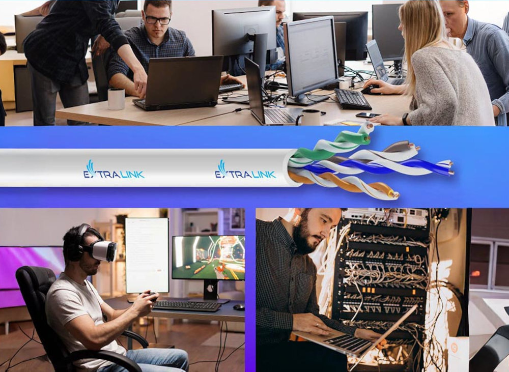 Kabel EXTRALINK Extralink U/UTP Cat. 5e 100 m kabel sieciowy zastosowań wewnętrznych lokalnych sieci komputerowych systemów monitoringu CCTV 1000 Mb/s Powłoka PVC termoplastycznych odporność na uszkodzenia 100 metrów - zastosowanie kabla w wewnątrz budynku - komputer, sieć, biuro