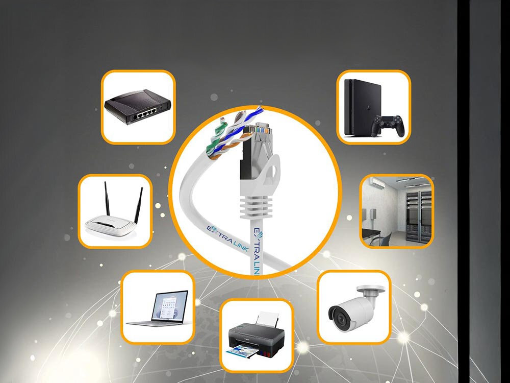 Kabel EXTRALINK Power over Ethernet (PoE, PoE+ i PoE++) jednoczesne zasilania oraz przesyłanie danych systemach telewizji przemysłowej sieciach biurowych Cztero-parowa skrętka U/UTP izolacja PVC - zastosowanie przewodu do konsoli, kamery, laptopa, router