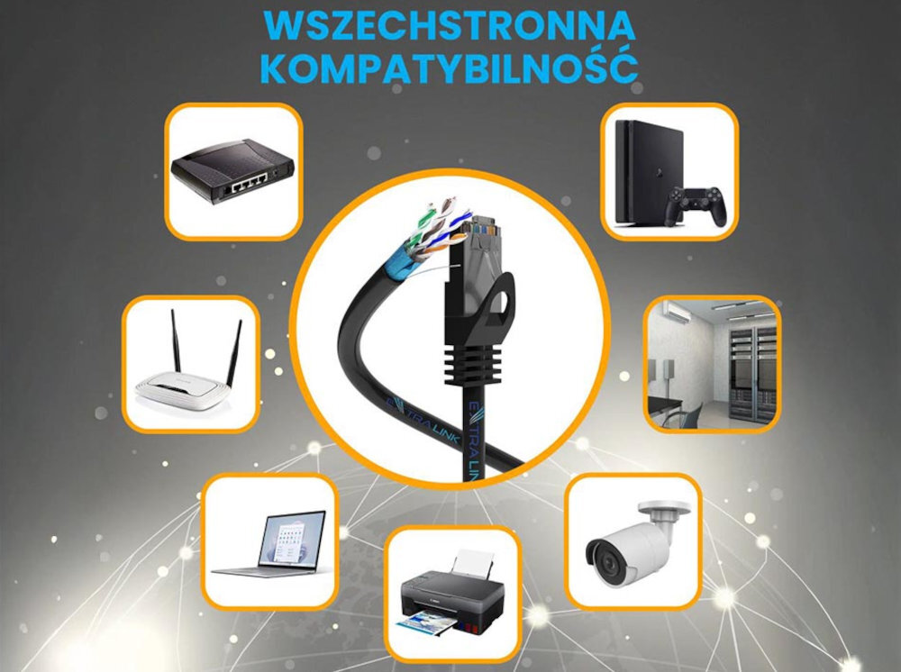 Kabel EXTRALINK Power over Ethernet (PoE, PoE+ i PoE++) jednoczesne zasilania oraz przesyłanie danych systemach telewizji przemysłowej sieciach biurowych Cztero-parowa skrętka F/UTP izolacja PVC - zastosowanie przewodu do konsoli, kamery, laptopa, router