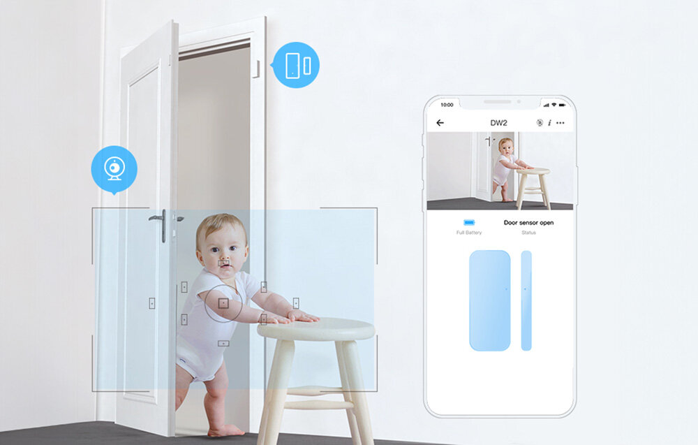 Czujnik otwarcia drzwi i okien SONOFF DW2 Wi-Fi prosta instalacja i uzytkowanie sparowac sensor z aplikacja EweLink Bluetooth w telefonie latwe zarzadzanie systemem bezpieczenstwa