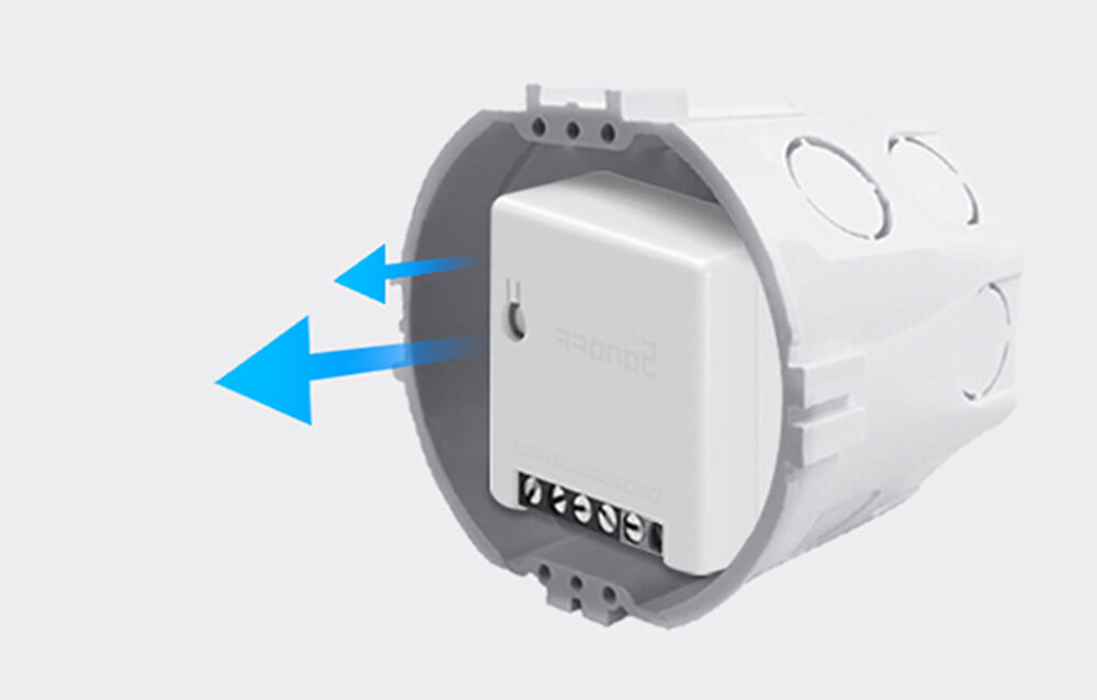 Inteligentny przełącznik SONOFF Smart Switch Mini R2 M0802010010 wspolpraca z przelacznikami SPDT NC/NO switch boxy w systemach schodowych element sterowania oswietleniem wymiary 42.6 x 42.6 x 20 mm