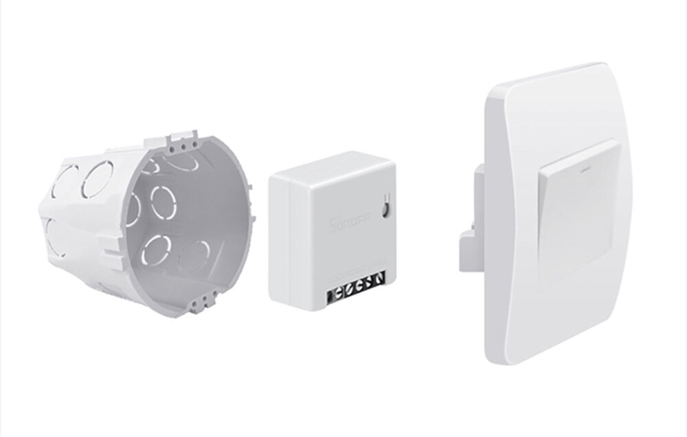 Inteligentny przełącznik SONOFF Smart Switch Mini R2 M0802010010 certyfikat ANATEL test 2KV bezpieczenstwo porty S1 i S2 szary kolor zewnetrzna antena wewnatrz obudowy efektywne dzialanie