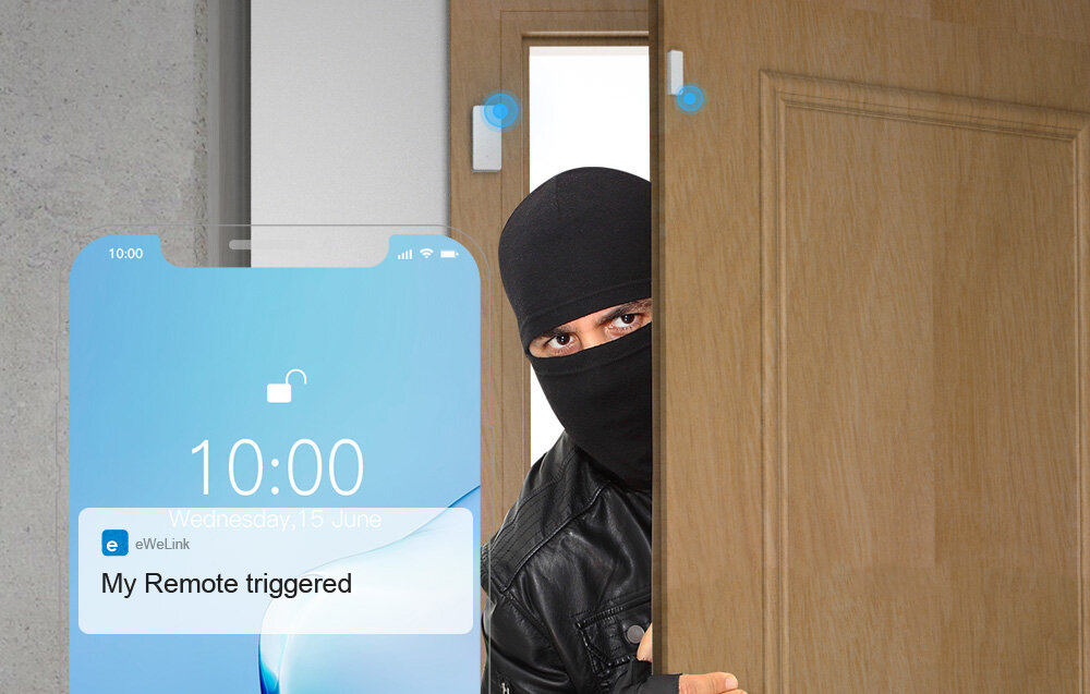 Czujnik otwarcia drzwi i okien SONOFF DW2 RF alert aplikacja mobilna EweLink na Android iOS powiadomienia w czasie rzeczywistym