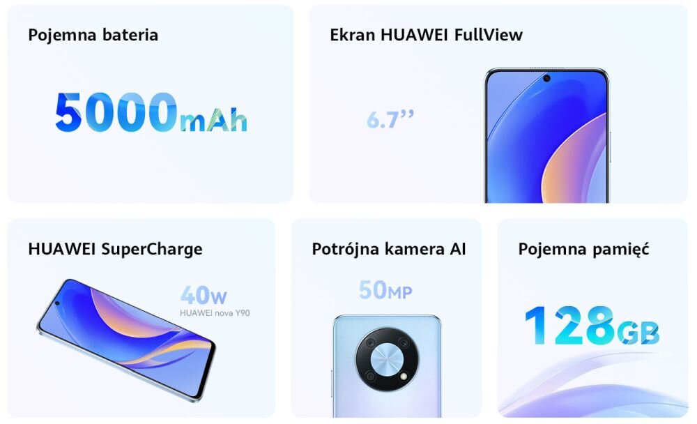 Smartfon HUAWEI Nova Y90 ekran bateria aparat procesor ram pamięć pojemność rozdzielczość zdjęcia filmy opis dane cechy blokady system łączność wifi bluetooth obudowa szkło odporność porty muzyka transfer sieć przekątna matryca waga czujniki