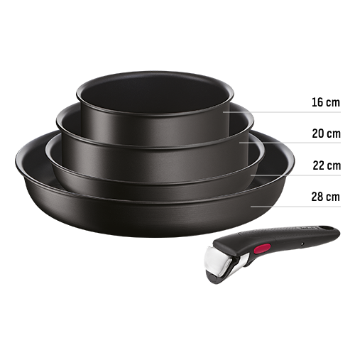 Na obrazie widoczny jest zestaw czterech czarnych patelni o różnych rozmiarach, ułożonych jedna w drugiej, oraz odłączany uchwyt z czerwonym przyciskiem.