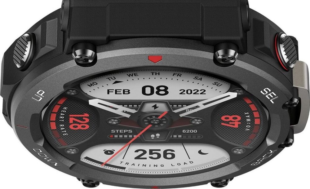 Smartwatch AMAZFIT T-Rex 2 ekran bateria czujniki zdrowie sport pasek ładowanie pojemność rozdzielczość łączność sterowanie krew puls rozmowy smartfon aplikacja 