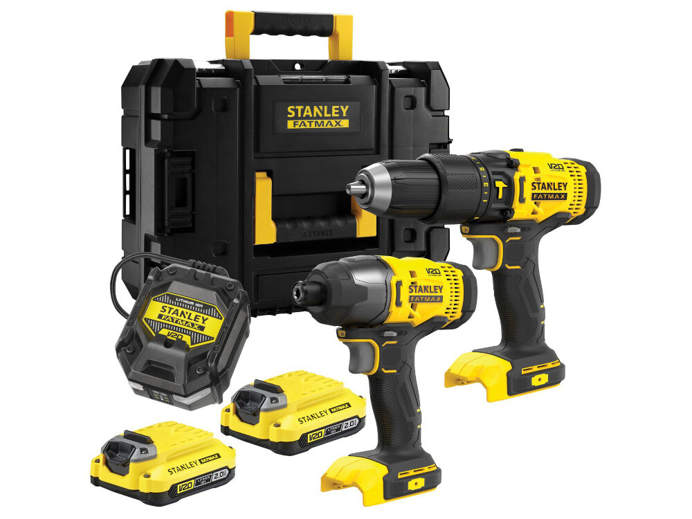 Zestaw elektronarzędzi STANLEY SFMCK465D2T-QW zestaw wiertarko-wkretarka STANLEY SFMCD711 zakretarka STANLEY SFMCF800 dwa akumulatory ladowarka walizka dokumentacja