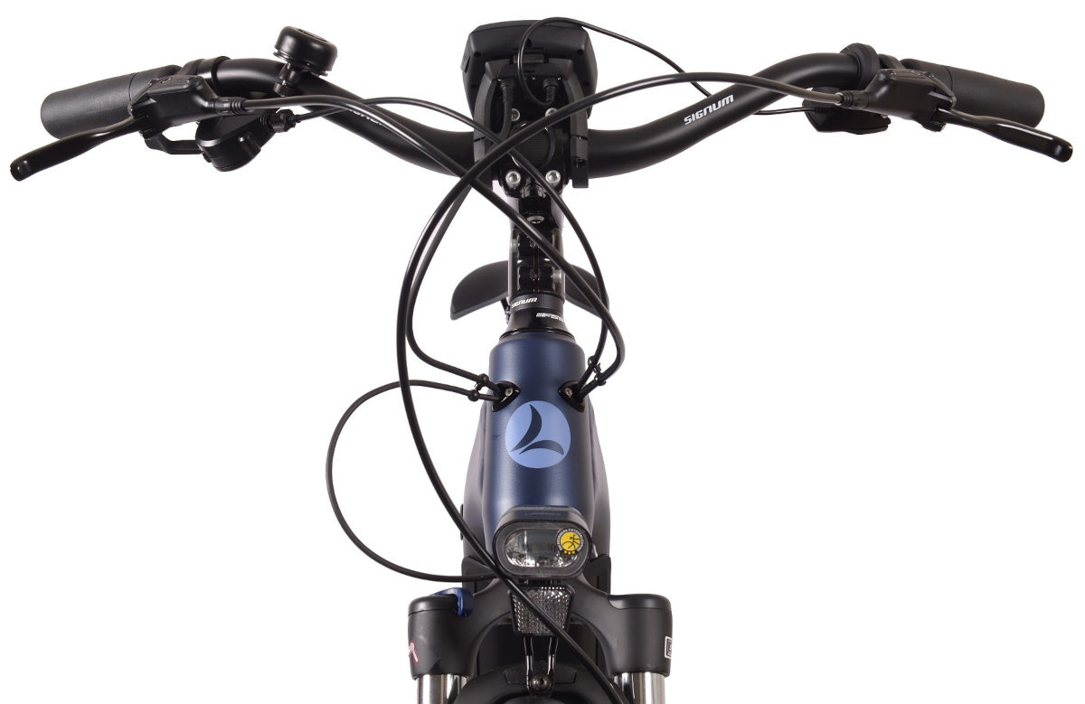 ROWER ELEKTRYCZNY TREKKING LOMBARDO ROMA 9.0 28 CIEMNY NIEBIESKI M48 19 stabilność wygoda kierownica antypoślizgowe uchwyty
