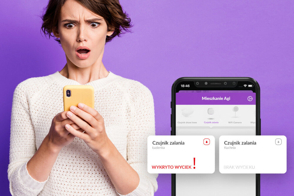 Czujnik zalania APPARTME APRM-02-002 ZigBee aplikacja Appartme powiadomienia na telefon bezprzewodowa lacznosc z bramka Appartme Gateway protokol ZigBee siec Wi-Fi 2,4 GHz