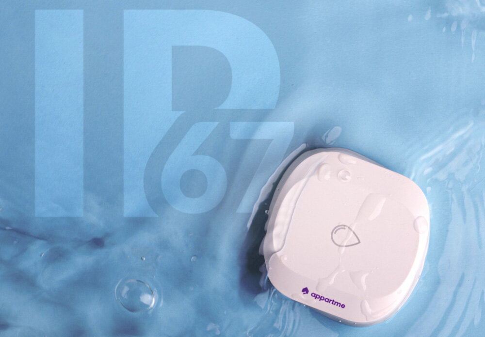 Czujnik zalania APPARTME APRM-02-002 ZigBee niewielkich rozmiarow urzadzenie 62 x 62 x 21 mm stopien ochrony IP67 praca w pomieszczeniach ze 100% wilgotnoscia