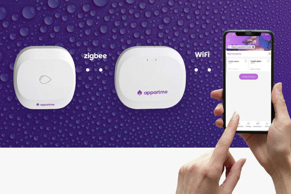 Czujnik zalania APPARTME APRM-02-002 ZigBee mozliwosc rozbudowy automatyka mieszkaniowa modul mieszkaniowy automatyczne zamkniecie doplywu wody