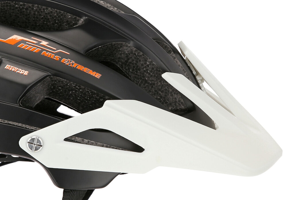 Kask rowerowy NILS EXTREME MTW208 Czarno-biały MTB (rozmiar L) skorupa z tworzywa PC bardzo dobra jakość wykonania trwałość odporność na uszkodzenia siatka chroniąca przed owadami