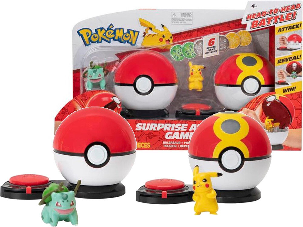 Gra zręcznościowa JAZWARES Pokemon Surprise Attack Pikachu Vs Bulbasaur elementy opakowanie