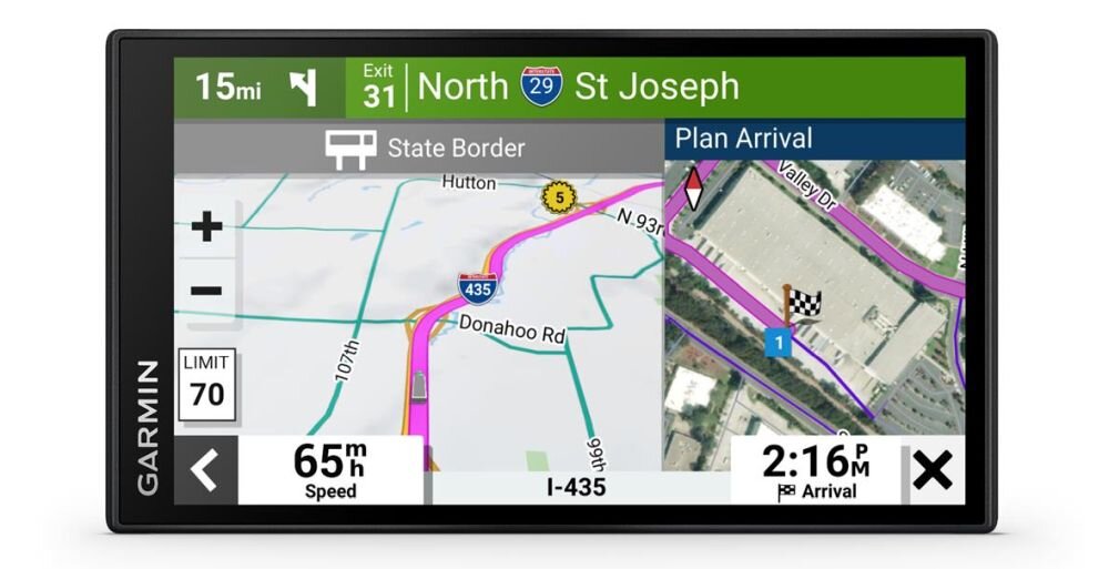 Nawigacja GARMIN Dezl LGV610 MT-D Europa mapa trasa przejazd prędkość aktualizacja zasilanie ekran przekątna montaż uchwyt łączność samochód zdjęcie z informacjami z navigacji