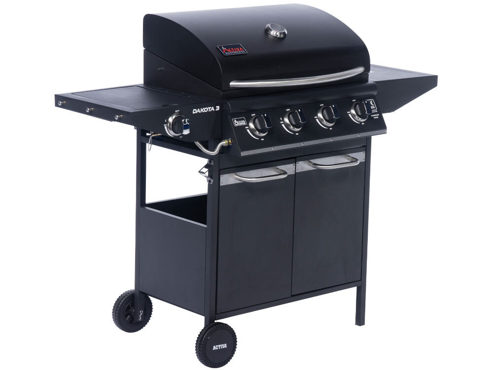 Grill ogrodowy gazowy ACTIVA Dakota III 4+1 19784GD 12.8 kW (4 x 3.2 kW + 3.2 kW) 64 x 40 cm, Kółka, mobilność, transport, stabilność, Widok na czarny grill z zamkniętą pokrywą.