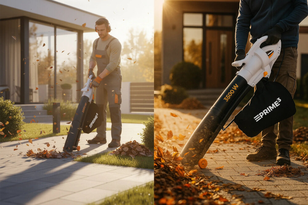 Odkurzacz do liści PRIME3 GVB41 elektryczny dwa ujęcia osoba zdmuchuje liście z chodnika w tle dom niebo porządek sprzątanie wszechstronne zastosowanie