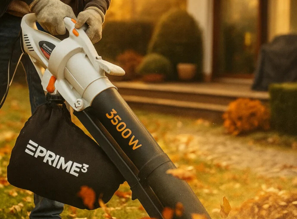 Odkurzacz do liści PRIME3 GVB41 elektryczny ogród dom osoba trzyma odkurzacz w dłoniach skutecznie usuwa drobny żwirek gałązki resztki trawy funkcja ssania z wydajnością do 573 m³/h wspiera utrzymanie porządku