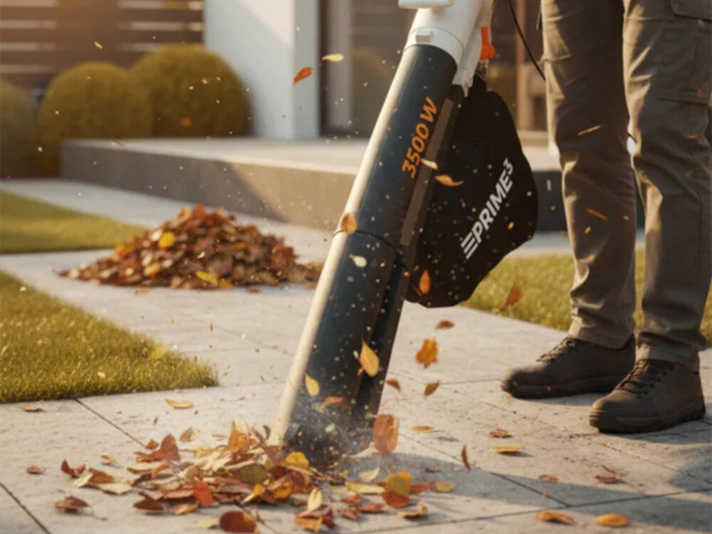 Odkurzacz do liści PRIME3 GVB41 elektryczny podjazd dom osoba zdmuchuje liście z podjazdu w tle dom zasilanie 230–240 V~ 50/60 Hz stała moc nie wymaga ładowania akumulatora krótki przewód (około 0,3 m) zwiększa zasięg pracy