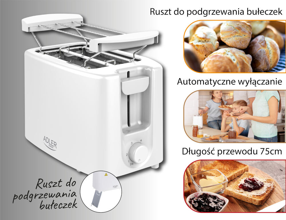 Toster ADLER AD 3223 komfort uzytkowanie wygoda korzystanie ruszt do podgrzewania bulek funkcjonalny