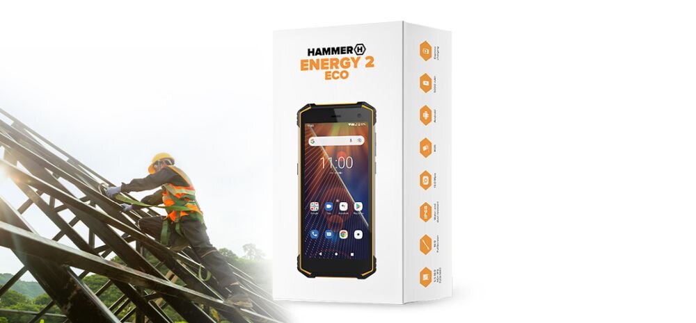 Smartfon HAMMER Energy 2 Eco ekran bateria aparat procesor ram pamięć pojemność rozdzielczość zdjęcia filmy opis dane cechy blokady system łączność wifi bluetooth obudowa szkło odporność porty muzyka transfer sieć przekątna matryca waga czujniki oled amoled ips
