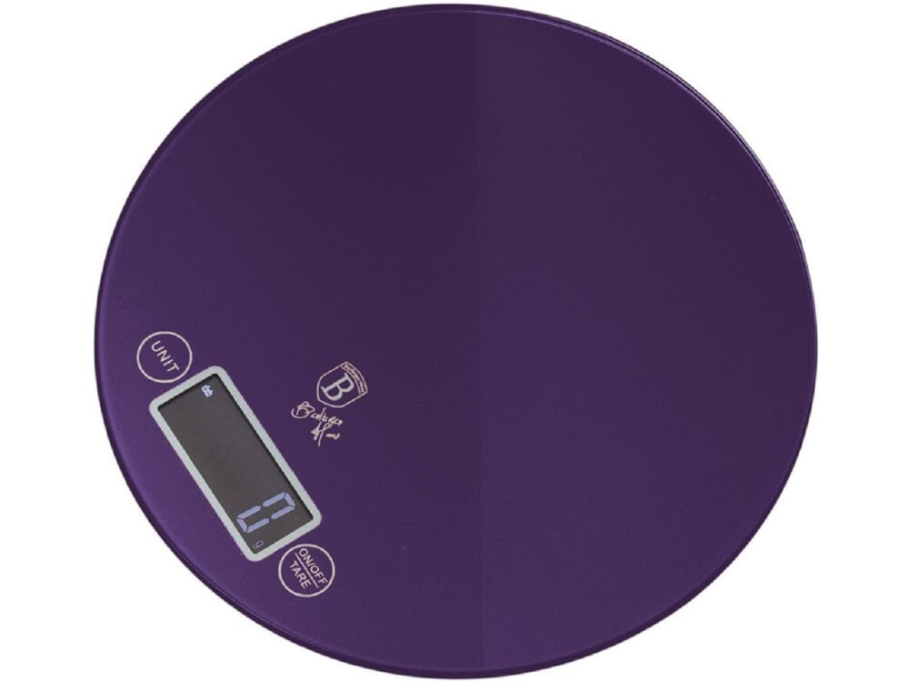 Waga kuchenna BERLINGER HAUS BH-9434 fioletowa okrągła waga wyświetlacz przyciski białe tło kolekcja Purple stylowy design funkcjonalność wytrzymałe szkło hartowane tworzywo sztuczne trwałość kompaktowe wymiary 19 x 2 cm maksymalne obciążenie do 5 kg precyzyjne odmierzanie przypraw ważenie większych składników 