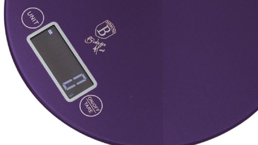 Waga kuchenna BERLINGER HAUS BH-9434 fioletowa waga zbliżenie na wyświetlacz liczby białe tło precyzja wygoda wybór jednostek gramy funty uncje dopasowanie do przepisów czułość 1 g dokładność czytelny wyświetlacz intuicyjna obsługa komfort użytkowania dołączone baterie AAA łatwa w czyszczeniu powierzchnia przetarcie ściereczką praktyczny elegancki pomocnik przyjemność gotowania